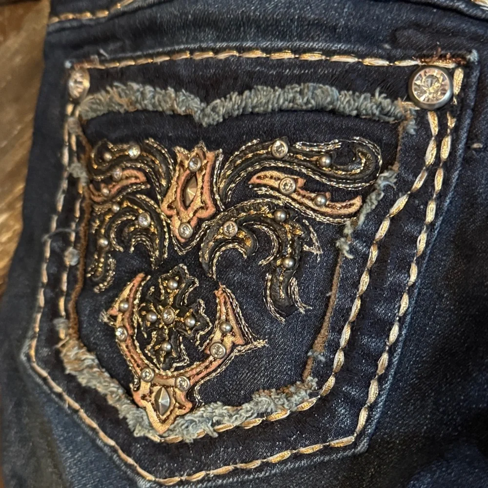 Miss Me Dark Blue Embroidered Bootcut Jeans with Gold Accents - Picture 5 of 12